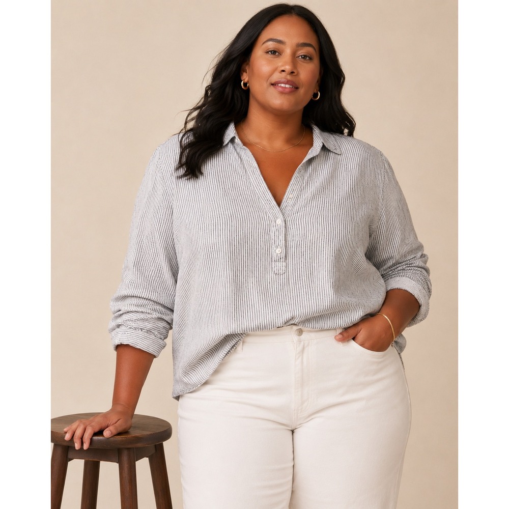 JNY Jones NY 100% Linen Blue White Striped Popover Shirt XL Roll Tab‎ Sleeves
